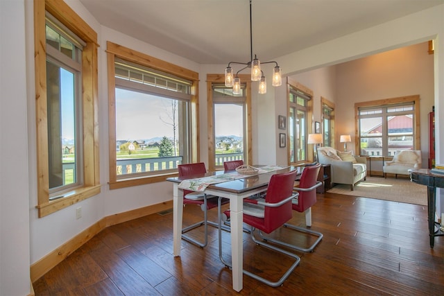 dining room with hardwood / wood-style flooring, baseboards, and a notable chandelier