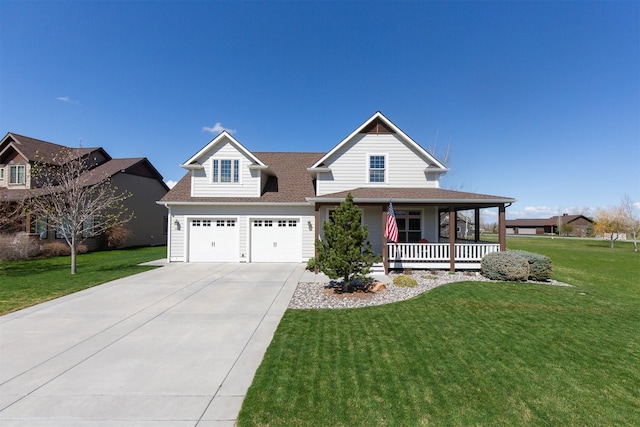 traditional-style house with concrete driveway, a porch, roof with shingles, and a front lawn