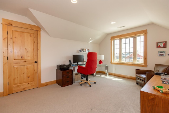 office with visible vents, recessed lighting, vaulted ceiling, carpet floors, and baseboards