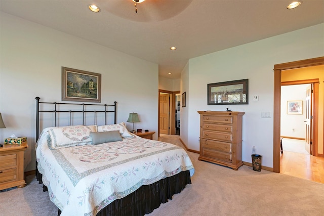 406 Back Nine Ln, Hamilton, MT 59840 - bedroom featuring light carpet, baseboards, a ceiling fan, and recessed lighting
