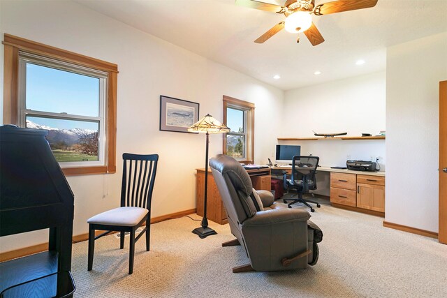 406 Back Nine Ln, Hamilton, MT 59840 - home office with light carpet, baseboards, a ceiling fan, and recessed lighting