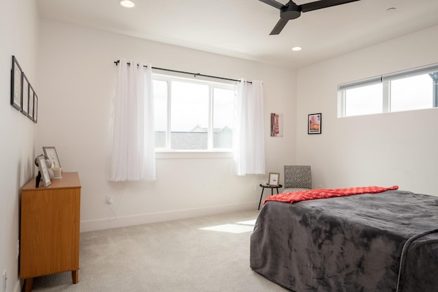bedroom featuring carpet, baseboards, a ceiling fan, and recessed lighting