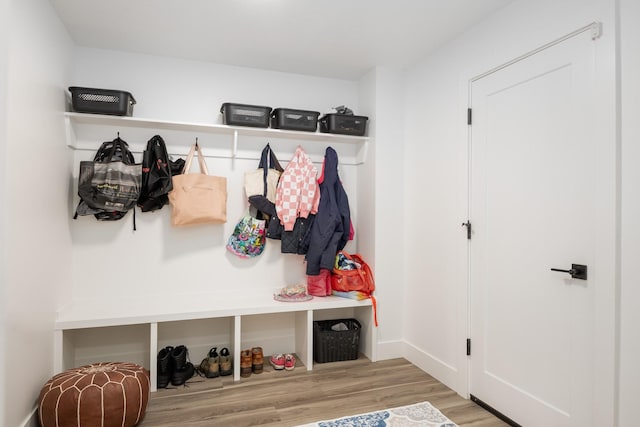 mudroom featuring wood finished floors and baseboards