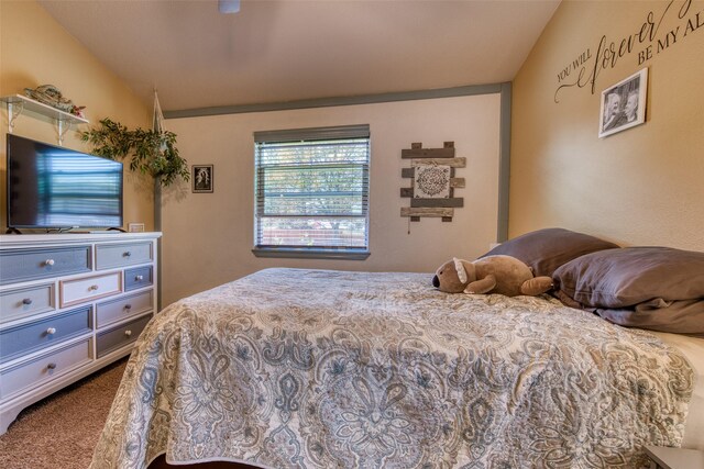 carpeted bedroom featuring lofted ceiling