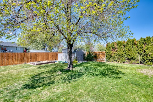 view of yard featuring a fenced backyard and a storage unit