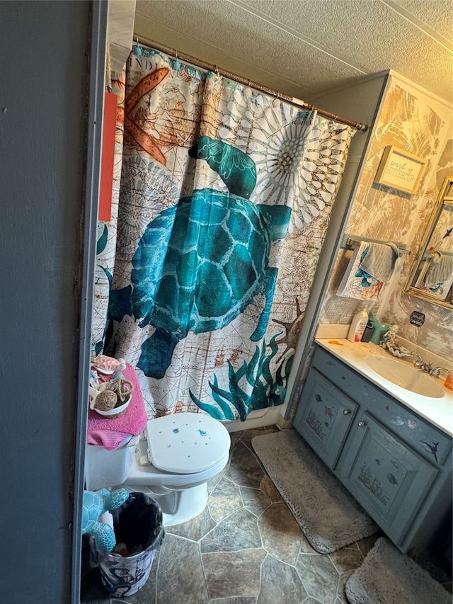 bathroom featuring toilet, stone finish flooring, vanity, and a shower with shower curtain