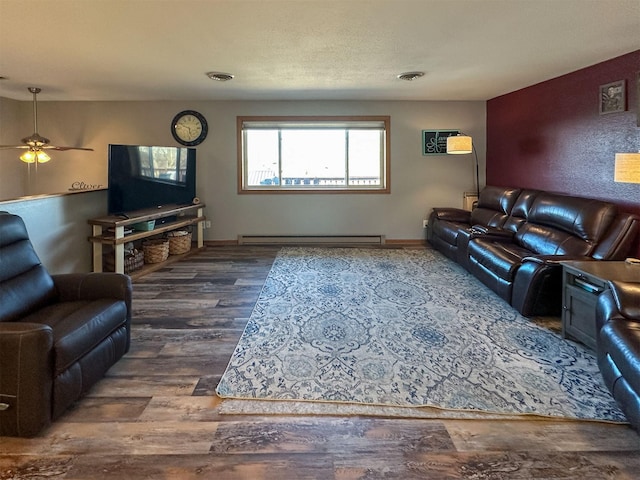 101 11th Ave N, Shelby, MT 59474 - living room with wood finished floors, baseboard heating, and ceiling fan