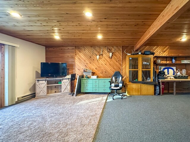 101 11th Ave N, Shelby, MT 59474 - carpeted bedroom featuring wood ceiling, wood walls, a baseboard heating unit, and recessed lighting