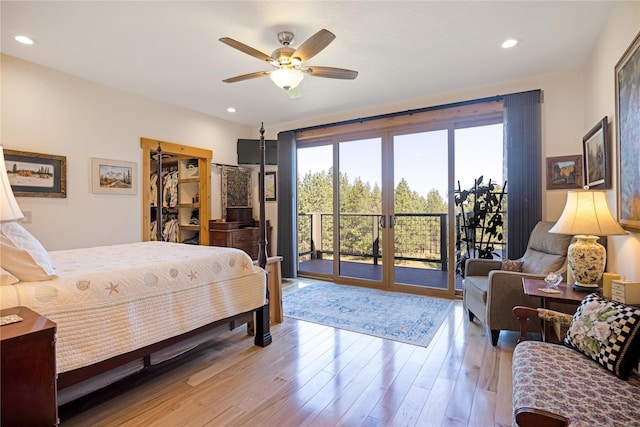 34426 Ridge Rd, Polson, MT 59860 - bedroom featuring access to exterior, light wood finished floors, recessed lighting, and a ceiling fan
