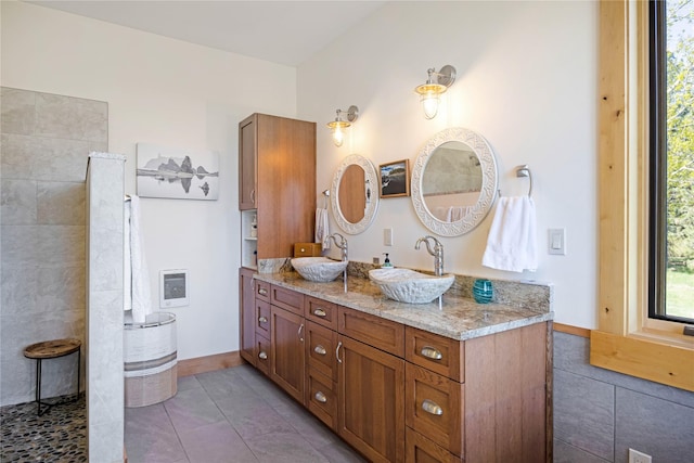 34426 Ridge Rd, Polson, MT 59860 - bathroom with double vanity, heating unit, and a walk in shower