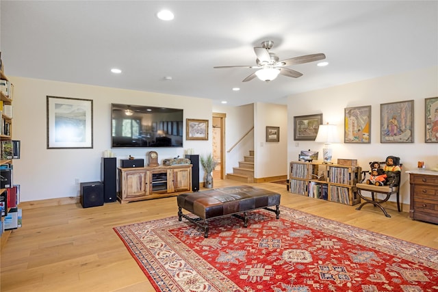 34426 Ridge Rd, Polson, MT 59860 - living room with ceiling fan, light wood-style flooring, stairs, and recessed lighting