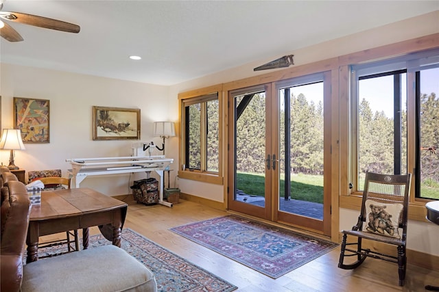 34426 Ridge Rd, Polson, MT 59860 - doorway to outside with healthy amount of natural light, wood finished floors, french doors, recessed lighting, and ceiling fan
