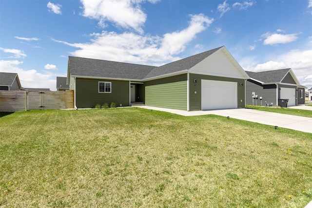 ranch-style house with concrete driveway, a front lawn, an attached garage, and fence