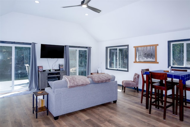 living area featuring a ceiling fan, dark wood-style flooring, recessed lighting, and vaulted ceiling