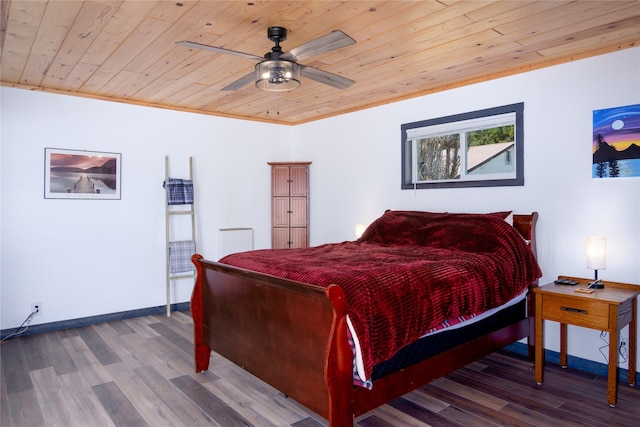 bedroom with a ceiling fan, wooden ceiling, wood finished floors, and baseboards