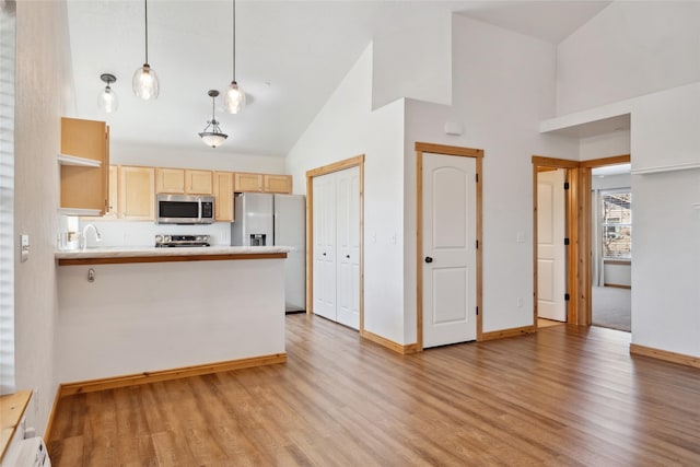 3010 Tina Ave Unit 306, Missoula, MT 59808 - kitchen featuring stainless steel appliances, light wood-type flooring, high vaulted ceiling, light countertops, and a peninsula