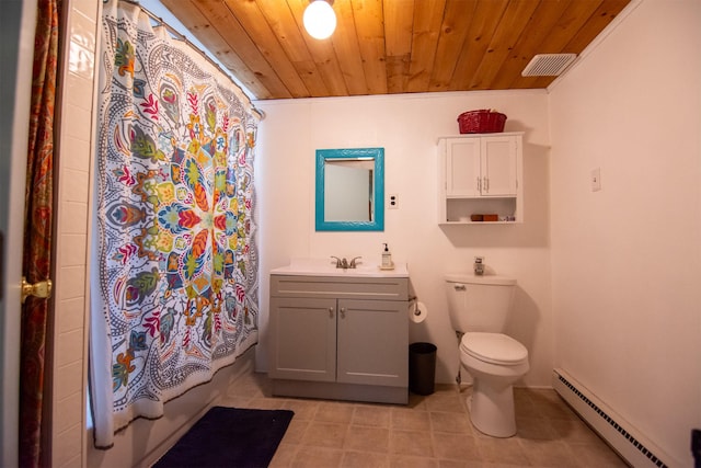 bathroom with toilet, visible vents, tile patterned flooring, a baseboard heating unit, and wooden ceiling