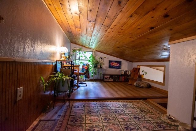 bonus room with wooden ceiling, vaulted ceiling, and wood finished floors