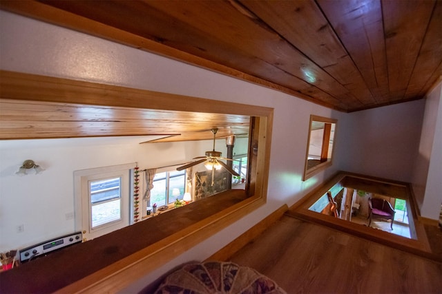 interior space with wooden ceiling and wood finished floors