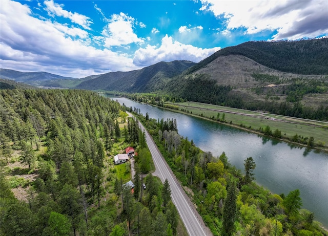 bird's eye view of a water and mountain view and a forest