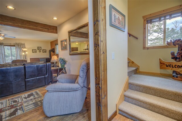 45 Bay Rd, Whitehall, MT 59759 - stairway with a wealth of natural light, ceiling fan, beam ceiling, and wood finished floors