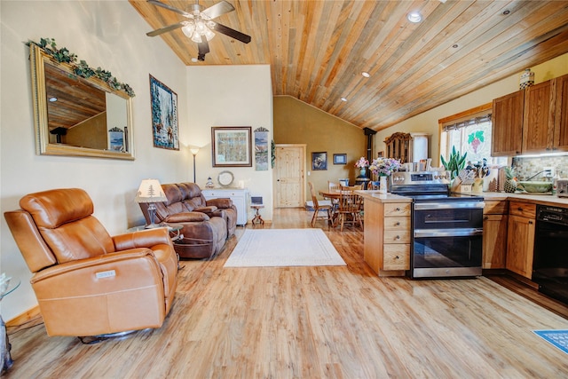 45 Bay Rd, Whitehall, MT 59759 - kitchen featuring lofted ceiling, open floor plan, double oven range, wood ceiling, and light wood-style floors