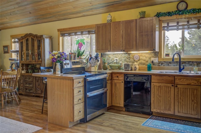 45 Bay Rd, Whitehall, MT 59759 - kitchen with double oven range, black dishwasher, a sink, backsplash, and light wood-style floors