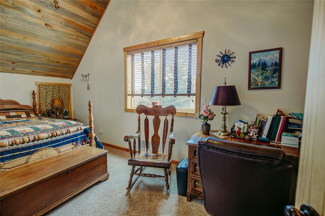 45 Bay Rd, Whitehall, MT 59759 - bedroom with baseboards, carpet flooring, wooden ceiling, and vaulted ceiling