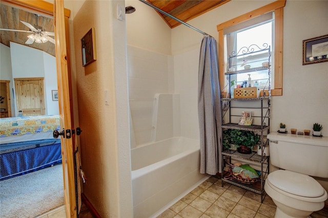 45 Bay Rd, Whitehall, MT 59759 - full bath with vaulted ceiling, ceiling fan, toilet, and shower / bath combination with curtain