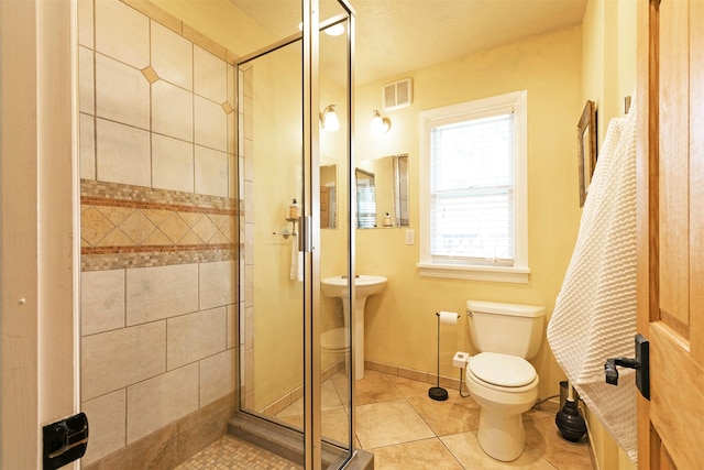 bathroom featuring tile patterned floors, toilet, visible vents, and a stall shower