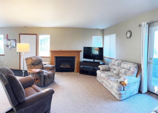 105 Garden Dr Unit D, Kalispell, MT 59901 - living room featuring a fireplace and carpet