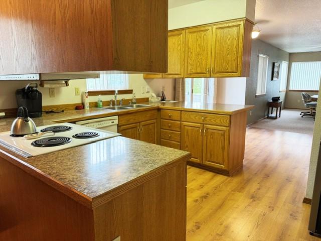 105 Garden Dr Unit D, Kalispell, MT 59901 - kitchen featuring a sink, a peninsula, light wood-style flooring, white dishwasher, and electric stove