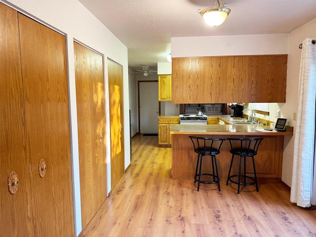 105 Garden Dr Unit D, Kalispell, MT 59901 - kitchen featuring a sink, a peninsula, brown cabinetry, light wood-style flooring, and a kitchen bar