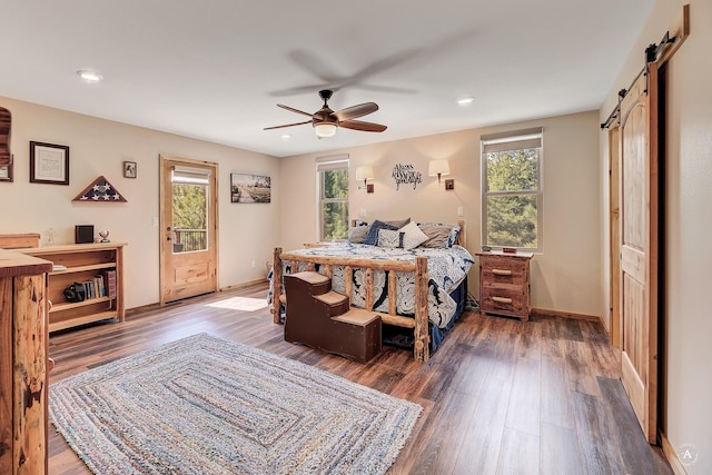617 Mcclellan Creek Rd, Clancy, MT 59634 - bedroom with multiple windows, wood finished floors, recessed lighting, baseboards, and a ceiling fan