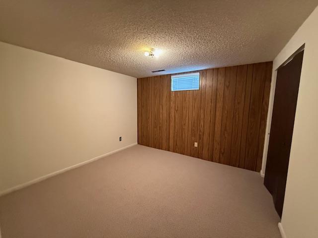 120 29th Ave NW, Great Falls, MT 59404 - basement with wooden walls, carpet flooring, and a textured ceiling