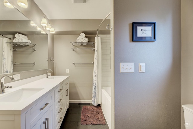 710 Joslyn St, Helena, MT 59601 - bathroom with double vanity, tile patterned floors, and shower / tub combo with curtain