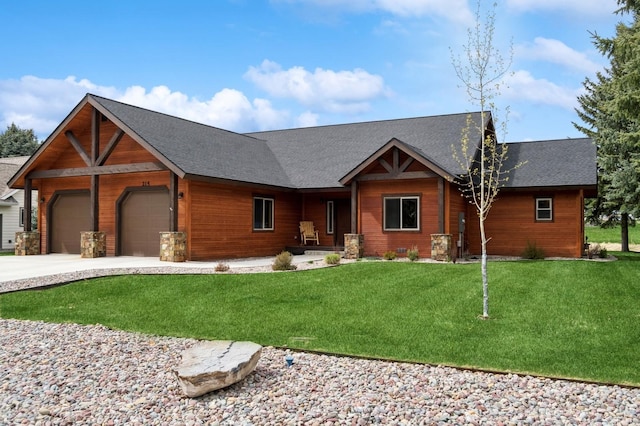 view of front of property featuring a garage, concrete driveway, a front lawn, and a shingled roof