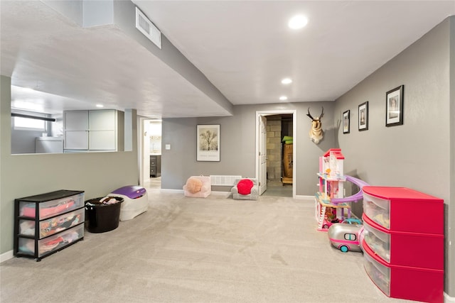 game room featuring carpet flooring, recessed lighting, and baseboards