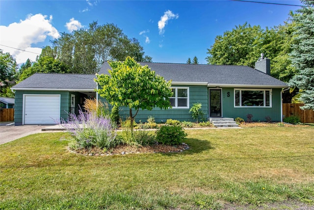 single story home with an attached garage, a chimney, and driveway