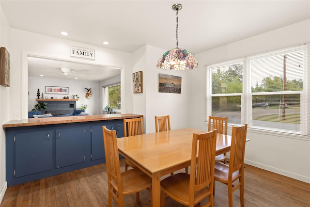 dining space with wood finished floors, baseboards, a ceiling fan, and recessed lighting