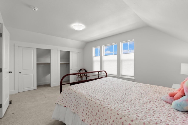 203 Kismet Ct, Hamilton, MT 59840 - bedroom featuring vaulted ceiling, multiple closets, and light carpet