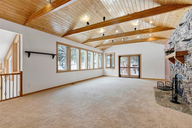 303 Wyant Ln, Hamilton, MT 59840 - unfurnished living room with carpet, baseboards, and wooden ceiling