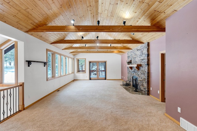 303 Wyant Ln, Hamilton, MT 59840 - unfurnished living room with carpet, french doors, baseboards, and wooden ceiling