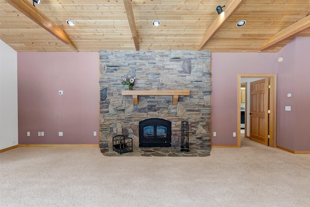303 Wyant Ln, Hamilton, MT 59840 - unfurnished living room with wood ceiling, carpet floors, baseboards, and a fireplace