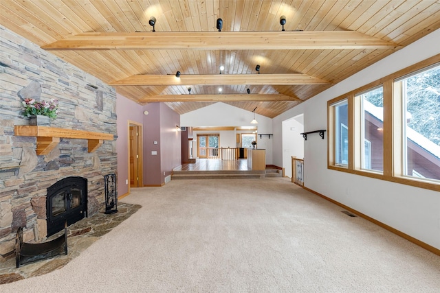 303 Wyant Ln, Hamilton, MT 59840 - unfurnished living room with baseboards, carpet, and wood ceiling
