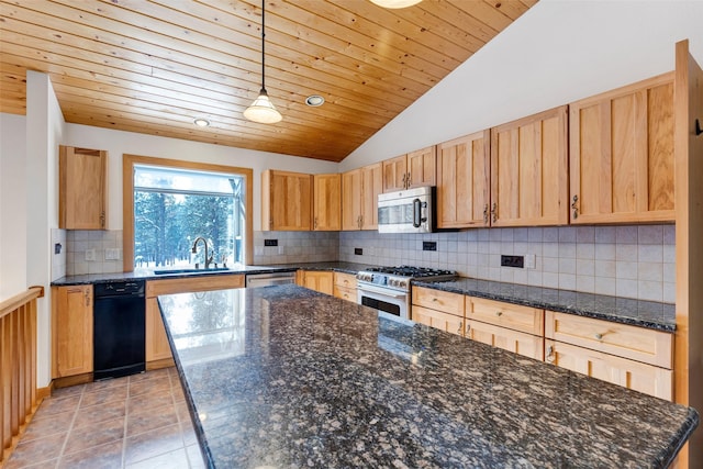 303 Wyant Ln, Hamilton, MT 59840 - kitchen with a sink, appliances with stainless steel finishes, wood ceiling, decorative backsplash, and lofted ceiling