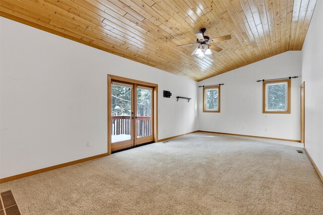 303 Wyant Ln, Hamilton, MT 59840 - empty room with carpet floors, wood ceiling, french doors, baseboards, and ceiling fan