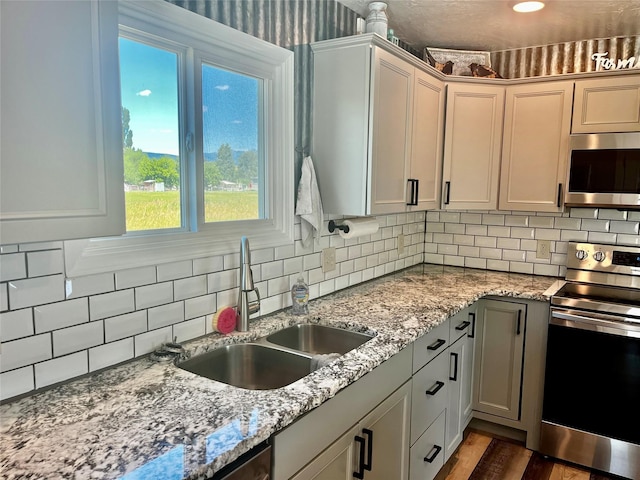 kitchen featuring stainless steel appliances, a sink, decorative backsplash, light stone countertops, and dark wood-style floors