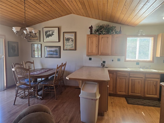 kitchen with a sink, a peninsula, vaulted ceiling, light wood finished floors, and tasteful backsplash