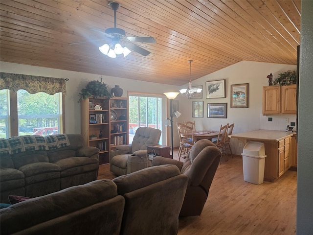 living room featuring vaulted ceiling, wooden ceiling, light wood-style floors, ceiling fan, and a chandelier